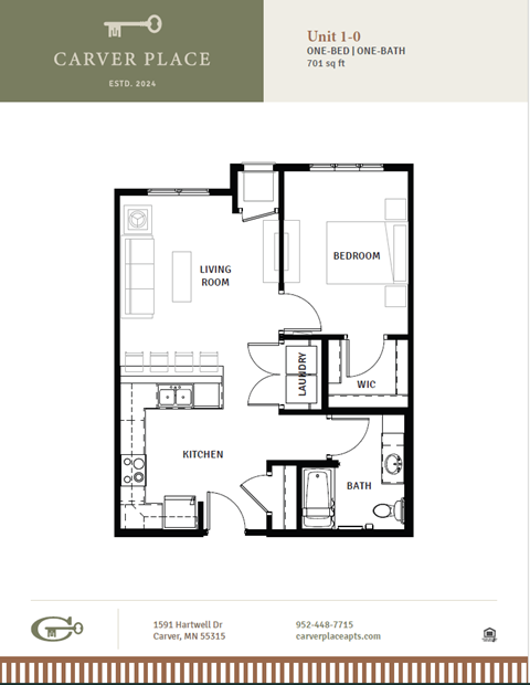 Floor plan for 1 bed, 1 bath, 649 sqft